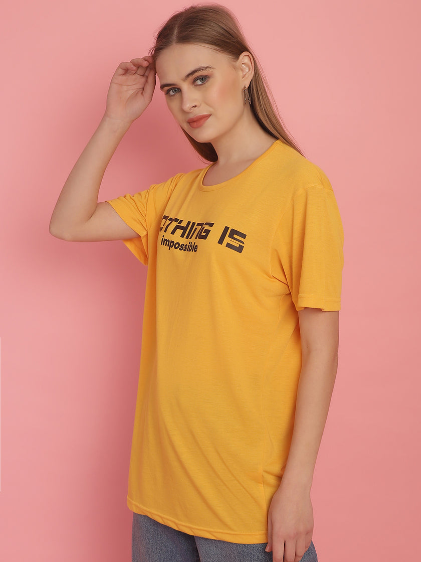 Mack Jonney Printed Yellow Round Neck Cotton Half sleeves Tshirt For Women