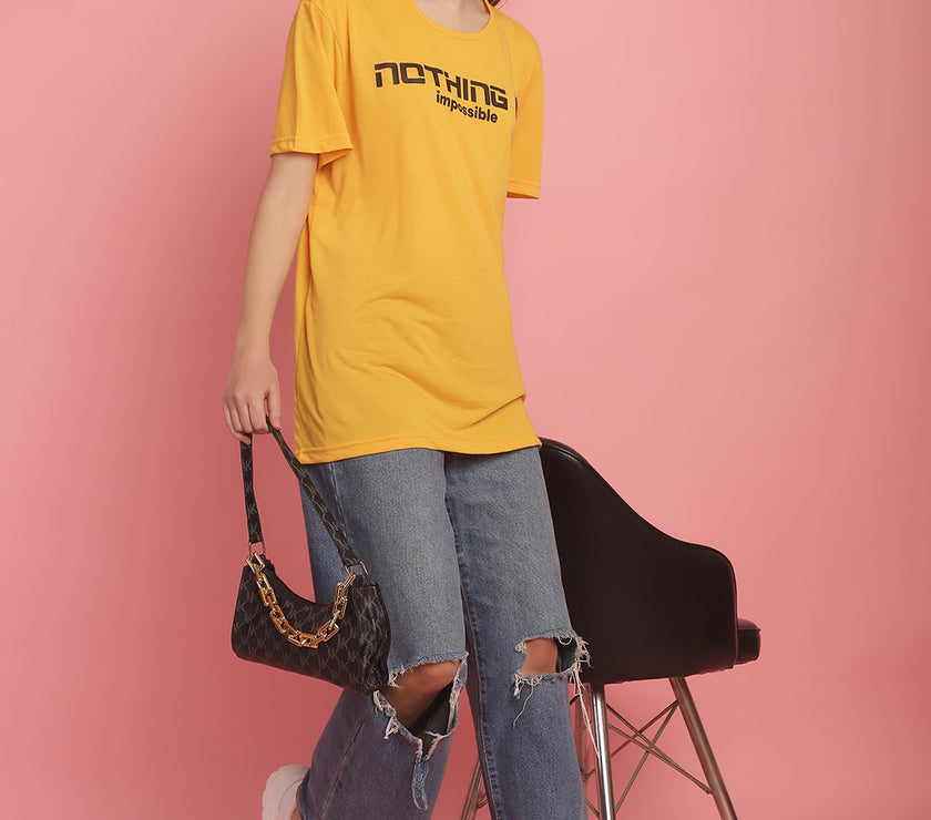 Mack Jonney Printed Yellow Round Neck Cotton Half sleeves Tshirt For Women