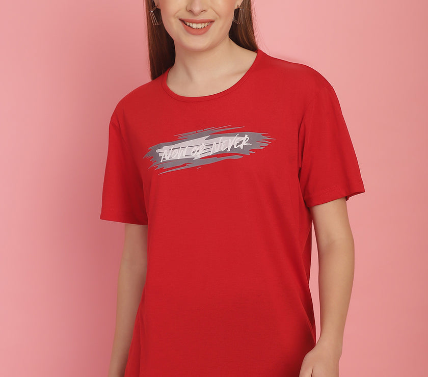 Mack Jonney Printed Red Round Neck Cotton Half sleeves Tshirt For Women