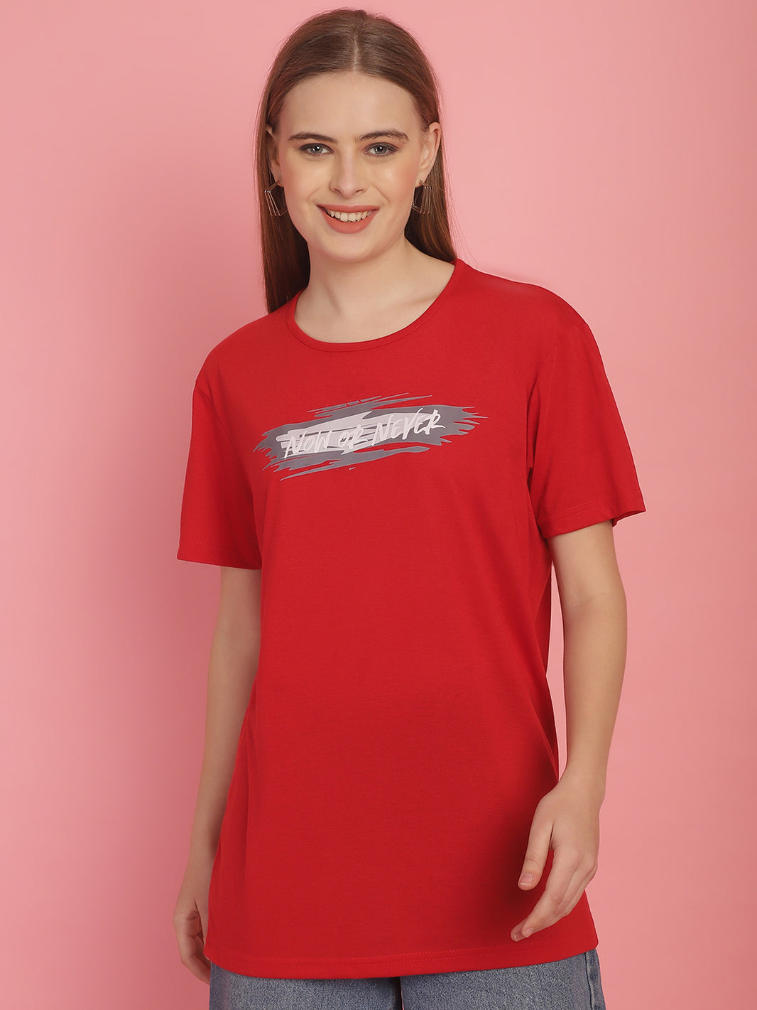 Mack Jonney Printed Red Round Neck Cotton Half sleeves Tshirt For Women