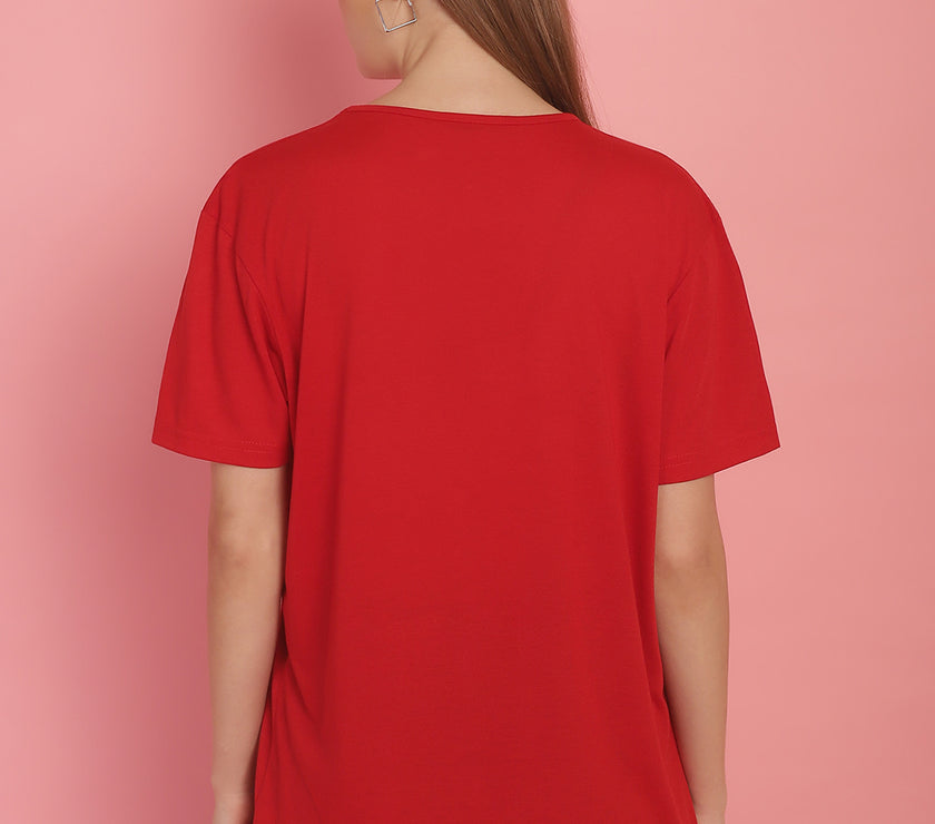 Mack Jonney Printed Red Round Neck Cotton Half sleeves Tshirt For Women