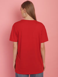 Mack Jonney Printed Red Round Neck Cotton Half sleeves Tshirt For Women