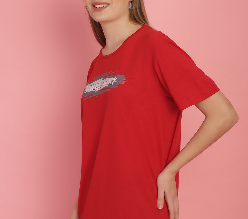 Mack Jonney Printed Red Round Neck Cotton Half sleeves Tshirt For Women