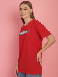 Mack Jonney Printed Red Round Neck Cotton Half sleeves Tshirt For Women