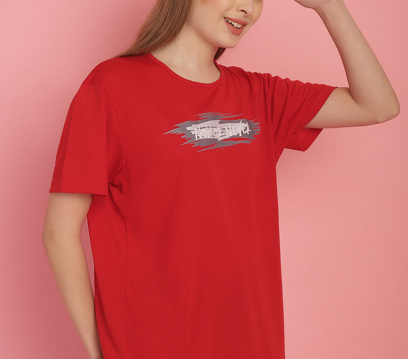 Mack Jonney Printed Red Round Neck Cotton Half sleeves Tshirt For Women