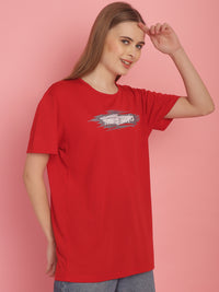 Mack Jonney Printed Red Round Neck Cotton Half sleeves Tshirt For Women