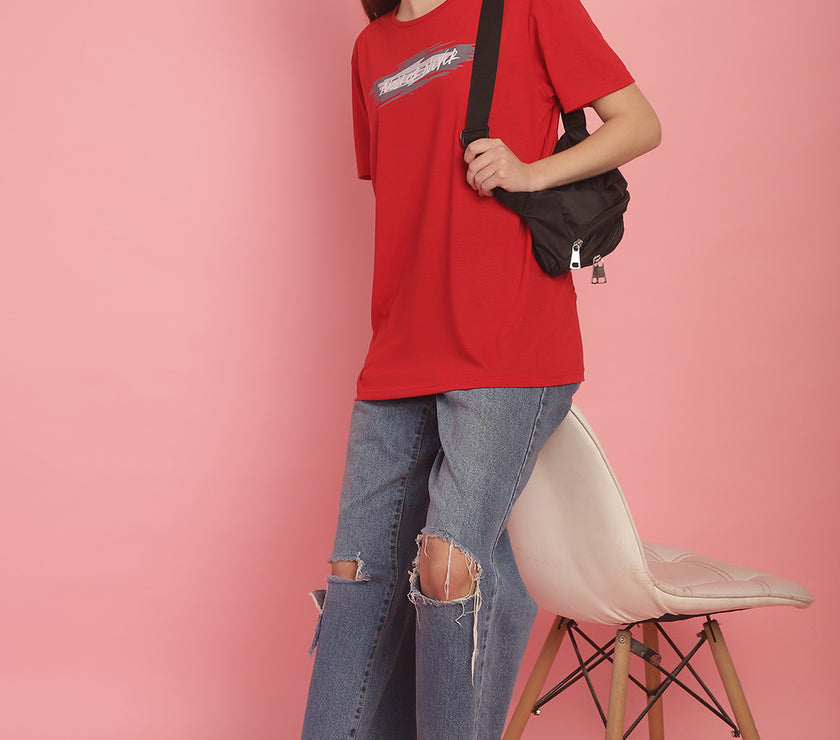 Mack Jonney Printed Red Round Neck Cotton Half sleeves Tshirt For Women