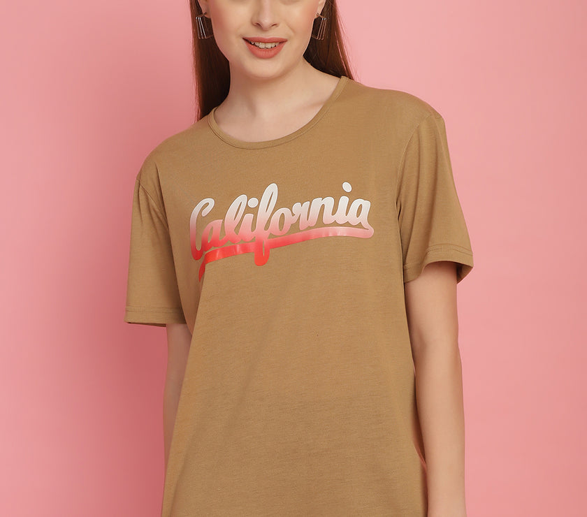 Mack Jonney Printed Beige Round Neck Cotton Half sleeves Tshirt For Women