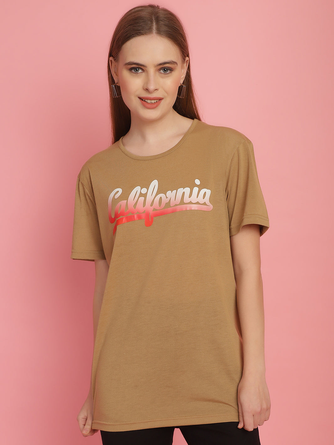 Mack Jonney Printed Beige Round Neck Cotton Half sleeves Tshirt For Women