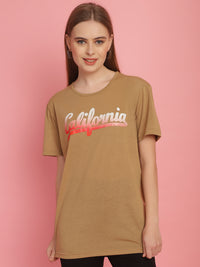 Mack Jonney Printed Beige Round Neck Cotton Half sleeves Tshirt For Women