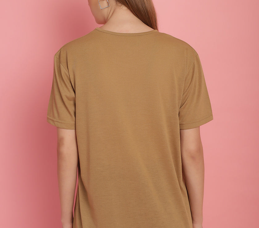 Mack Jonney Printed Beige Round Neck Cotton Half sleeves Tshirt For Women