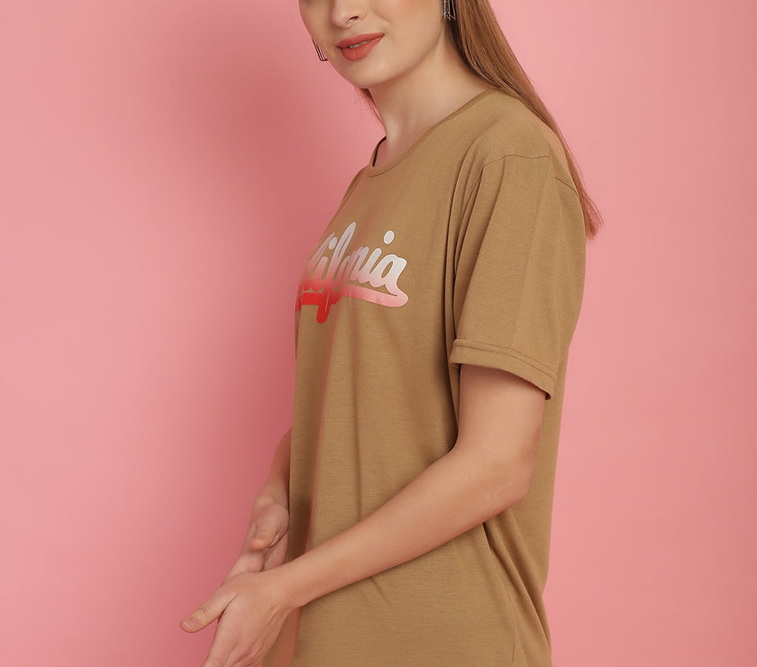 Mack Jonney Printed Beige Round Neck Cotton Half sleeves Tshirt For Women