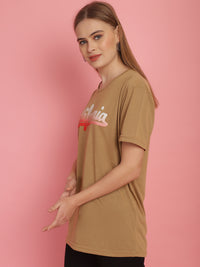 Mack Jonney Printed Beige Round Neck Cotton Half sleeves Tshirt For Women
