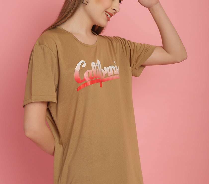 Mack Jonney Printed Beige Round Neck Cotton Half sleeves Tshirt For Women