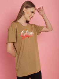 Mack Jonney Printed Beige Round Neck Cotton Half sleeves Tshirt For Women