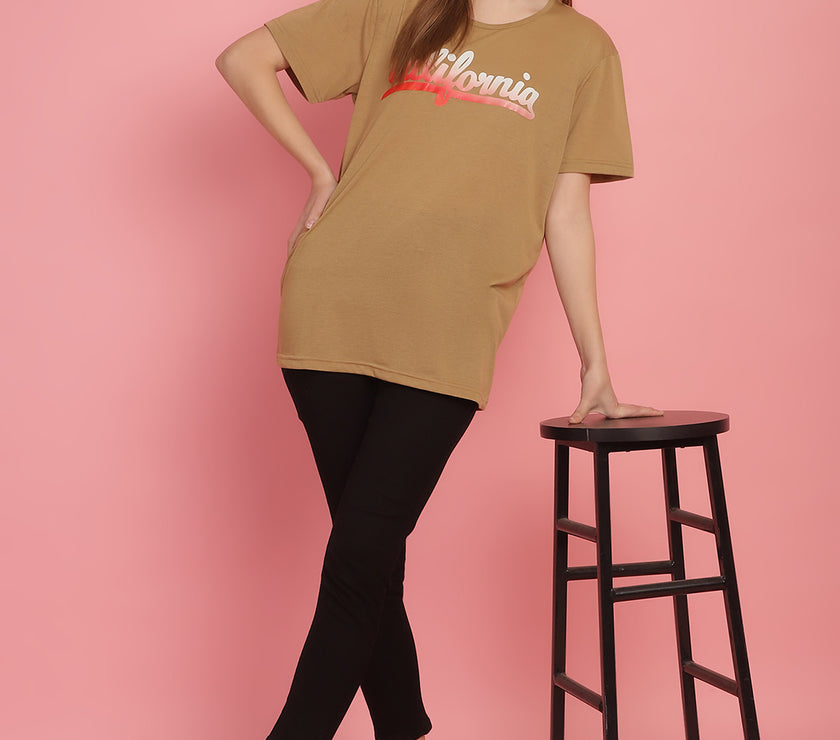 Mack Jonney Printed Beige Round Neck Cotton Half sleeves Tshirt For Women
