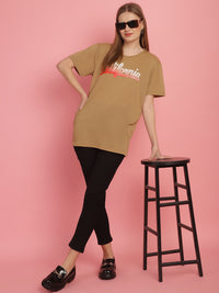 Mack Jonney Printed Beige Round Neck Cotton Half sleeves Tshirt For Women