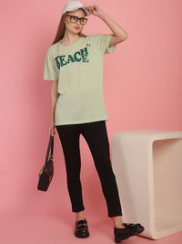 Mack Jonney Printed Green Round Neck Cotton Half sleeves Tshirt For Women