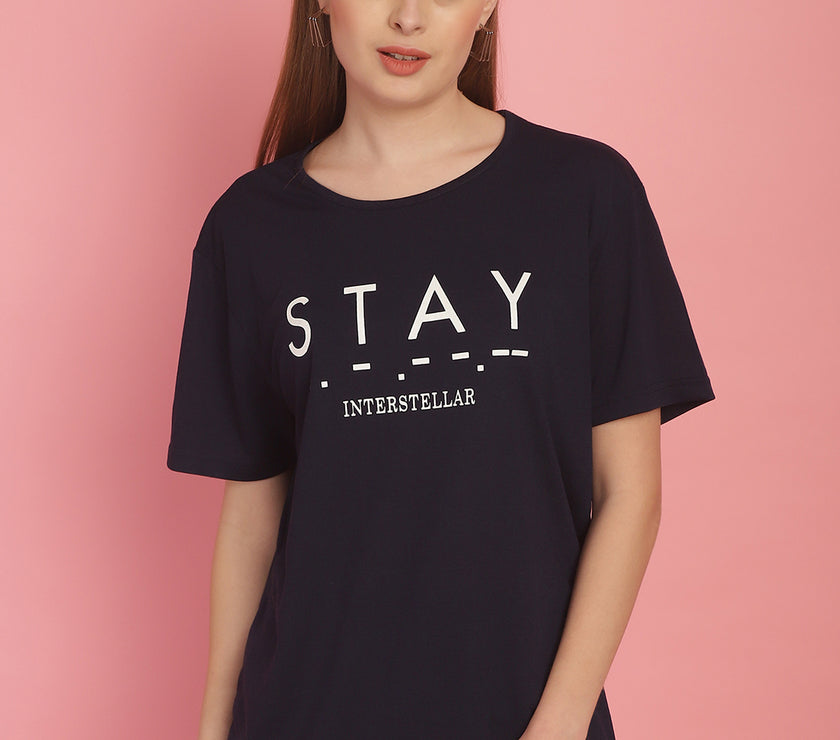 Mack Jonney Printed Navy Blue Round Neck Cotton Half sleeves Tshirt For Women