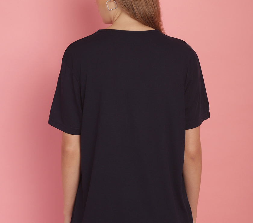 Mack Jonney Printed Navy Blue Round Neck Cotton Half sleeves Tshirt For Women