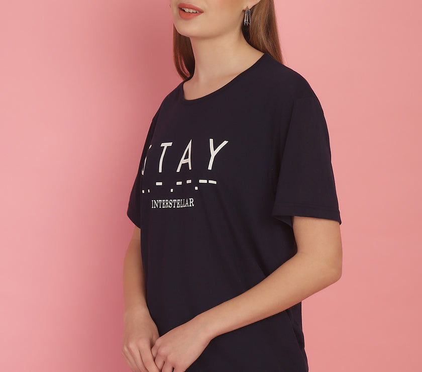 Mack Jonney Printed Navy Blue Round Neck Cotton Half sleeves Tshirt For Women