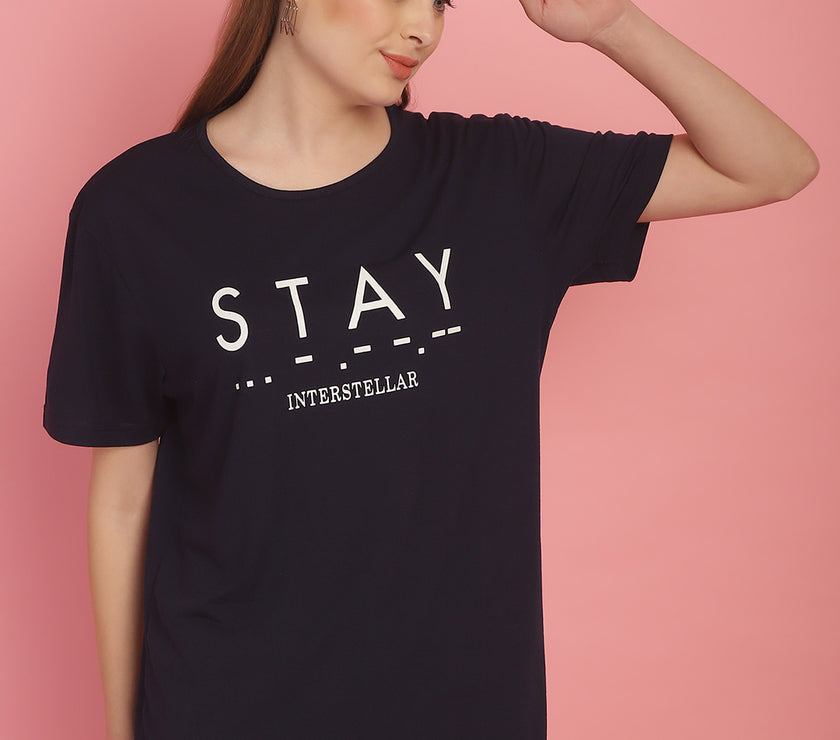 Mack Jonney Printed Navy Blue Round Neck Cotton Half sleeves Tshirt For Women