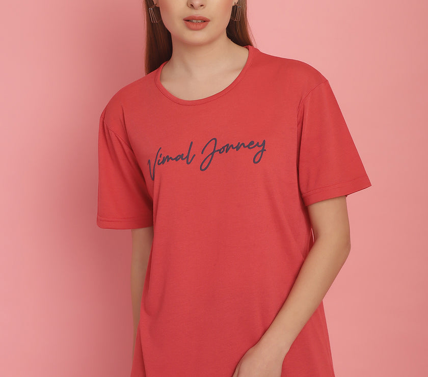 Mack Jonney Pink Logo Printed Round Neck Cotton Half sleeves Tshirt For Women