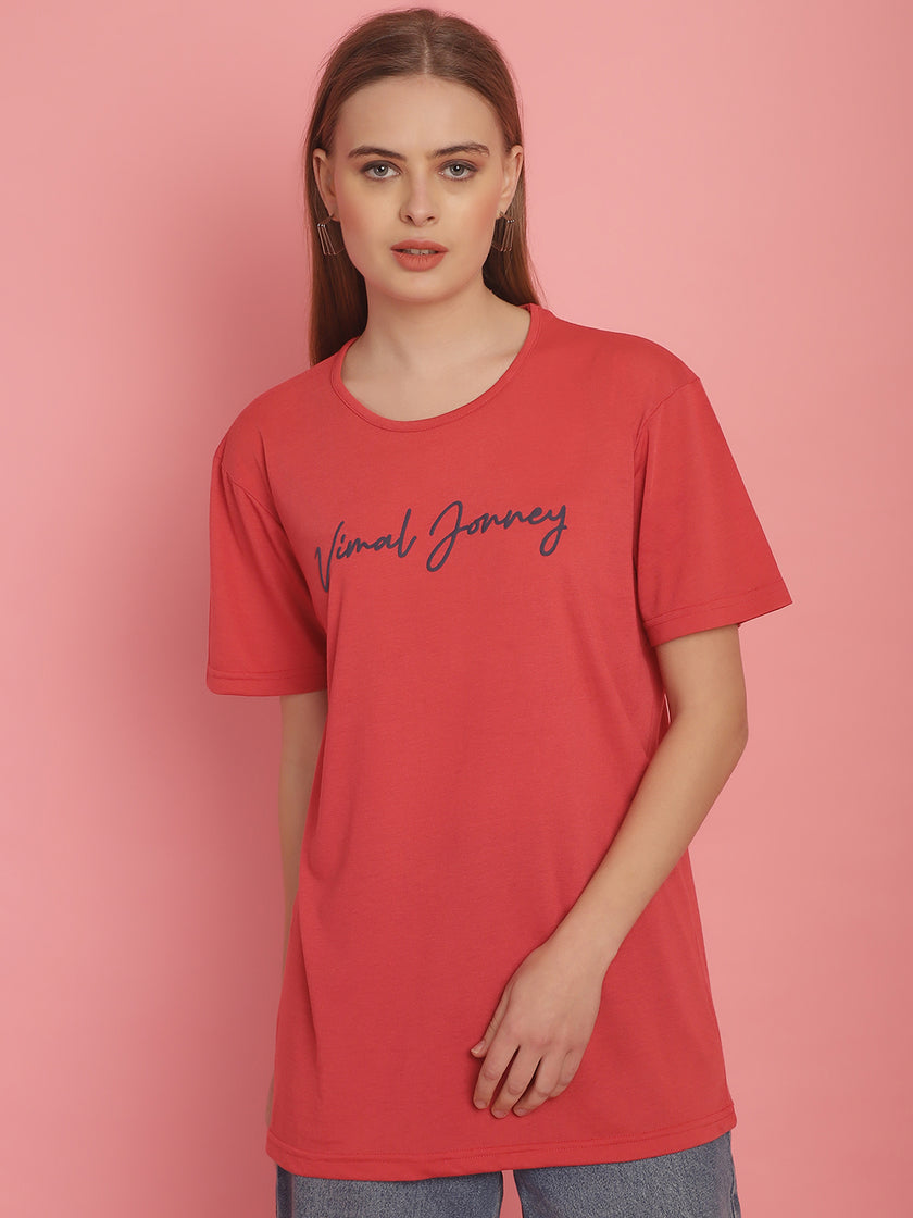 Mack Jonney Pink Logo Printed Round Neck Cotton Half sleeves Tshirt For Women