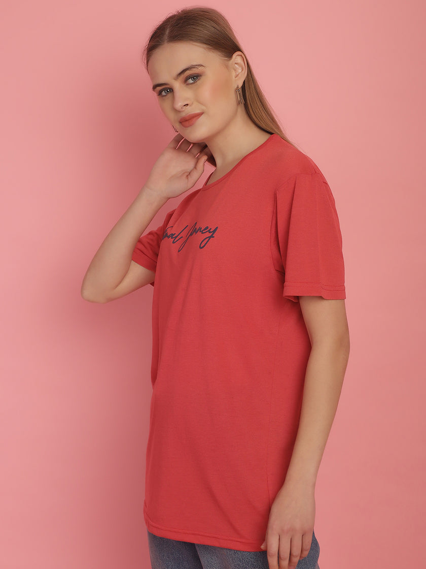 Mack Jonney Pink Logo Printed Round Neck Cotton Half sleeves Tshirt For Women