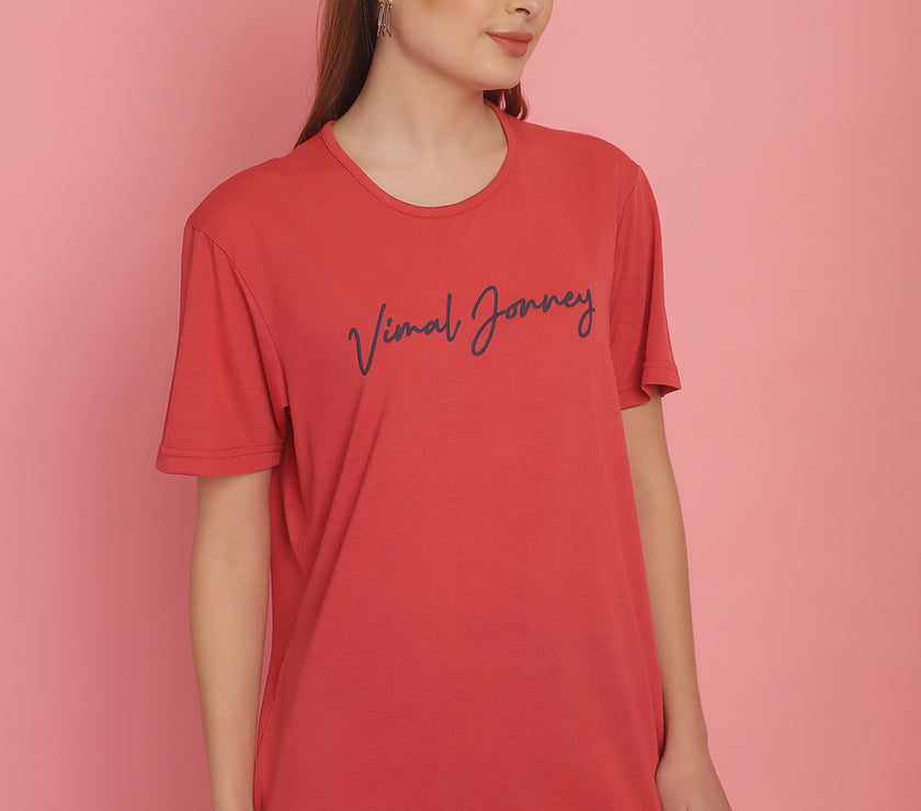 Mack Jonney Pink Logo Printed Round Neck Cotton Half sleeves Tshirt For Women