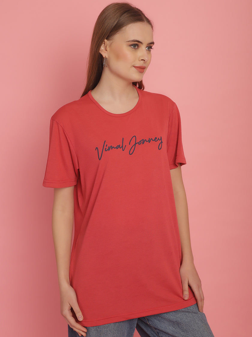 Mack Jonney Pink Logo Printed Round Neck Cotton Half sleeves Tshirt For Women