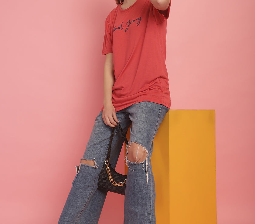 Mack Jonney Pink Logo Printed Round Neck Cotton Half sleeves Tshirt For Women