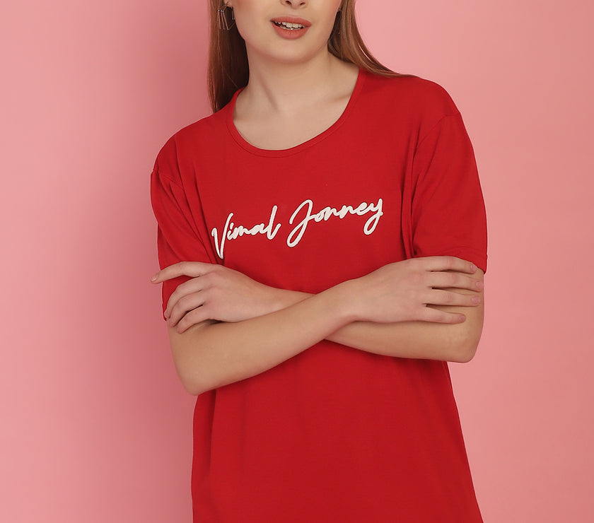 Mack Jonney Red Logo Printed Round Neck Cotton Half sleeves Tshirt For Women
