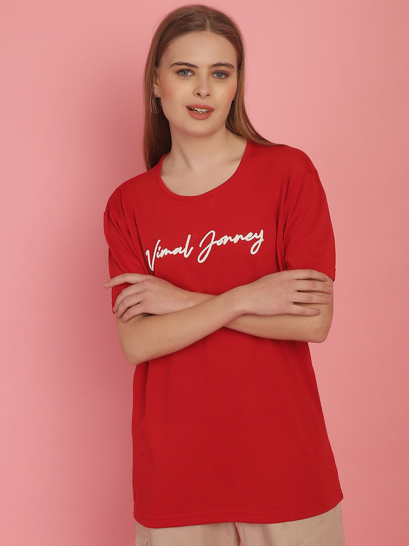 Mack Jonney Red Logo Printed Round Neck Cotton Half sleeves Tshirt For Women