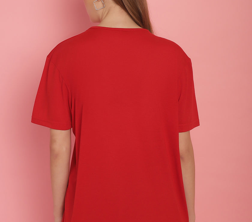 Mack Jonney Red Logo Printed Round Neck Cotton Half sleeves Tshirt For Women