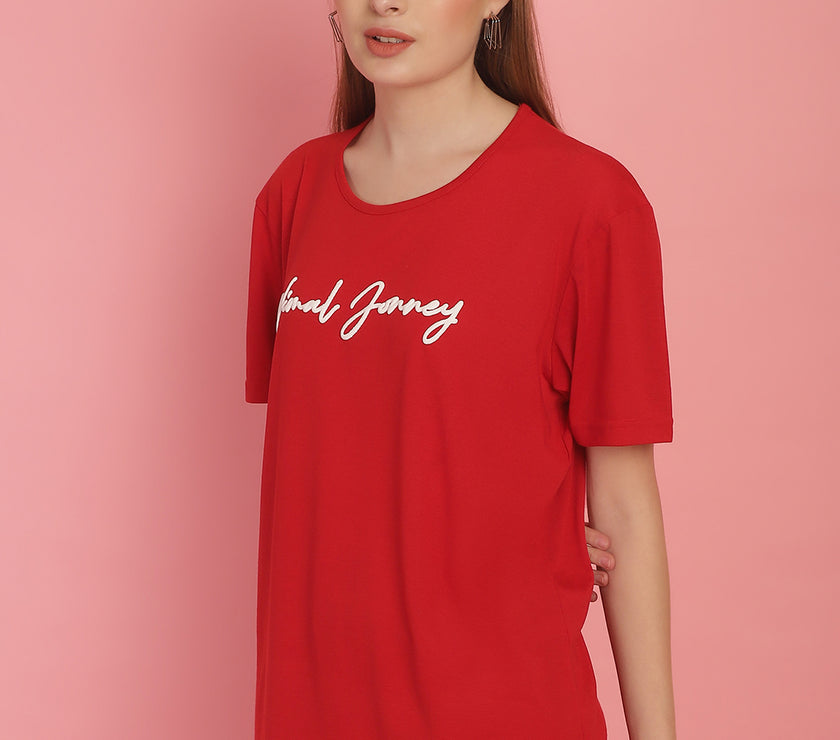 Mack Jonney Red Logo Printed Round Neck Cotton Half sleeves Tshirt For Women