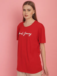 Mack Jonney Red Logo Printed Round Neck Cotton Half sleeves Tshirt For Women