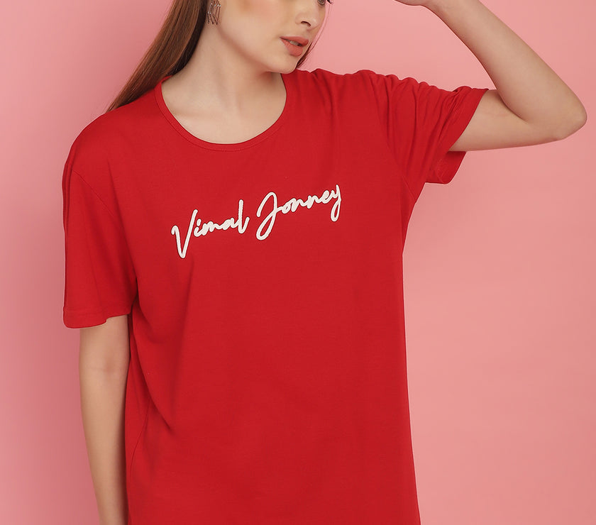 Mack Jonney Red Logo Printed Round Neck Cotton Half sleeves Tshirt For Women