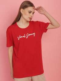 Mack Jonney Red Logo Printed Round Neck Cotton Half sleeves Tshirt For Women