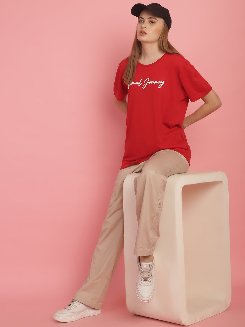 Mack Jonney Red Logo Printed Round Neck Cotton Half sleeves Tshirt For Women