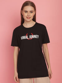 Mack Jonney Black Logo Printed Round Neck Cotton Half sleeves Tshirt For Women