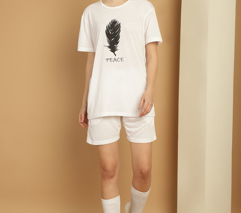 Mack Jonney Printed  White Round Neck Cotton  Half sleeves Co-ord set Tracksuit For Women