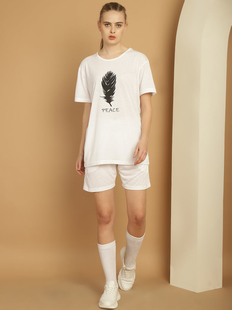 Mack Jonney Printed  White Round Neck Cotton  Half sleeves Co-ord set Tracksuit For Women
