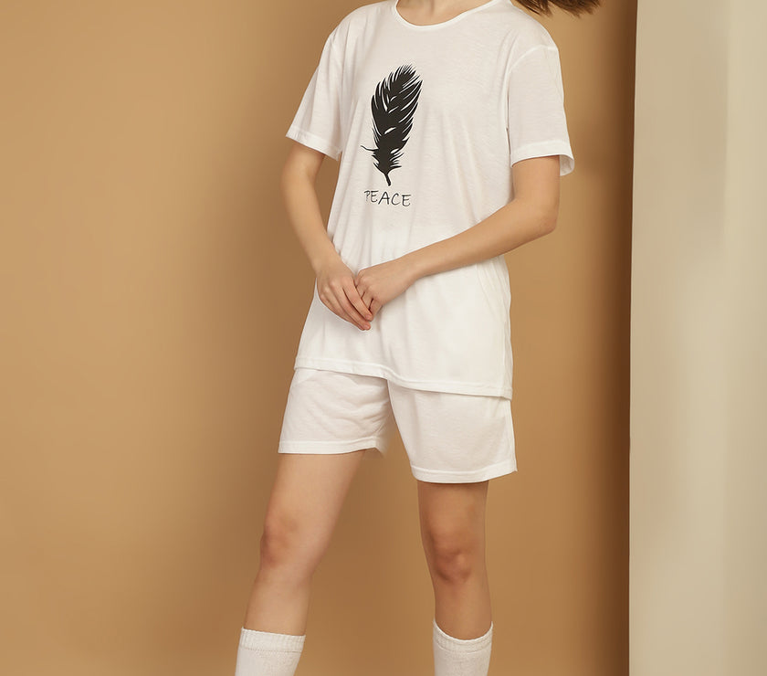 Mack Jonney Printed  White Round Neck Cotton  Half sleeves Co-ord set Tracksuit For Women