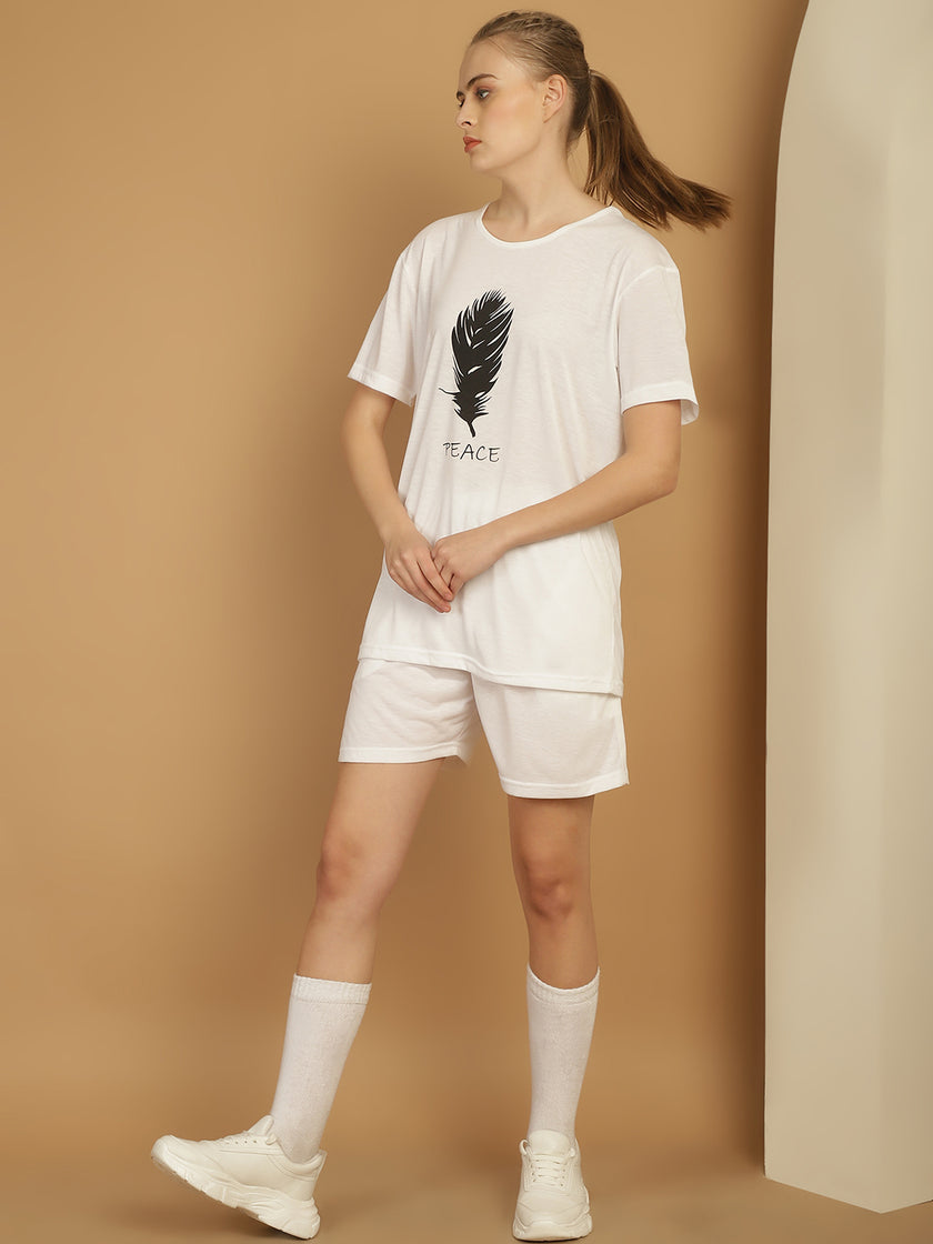 Mack Jonney Printed  White Round Neck Cotton  Half sleeves Co-ord set Tracksuit For Women
