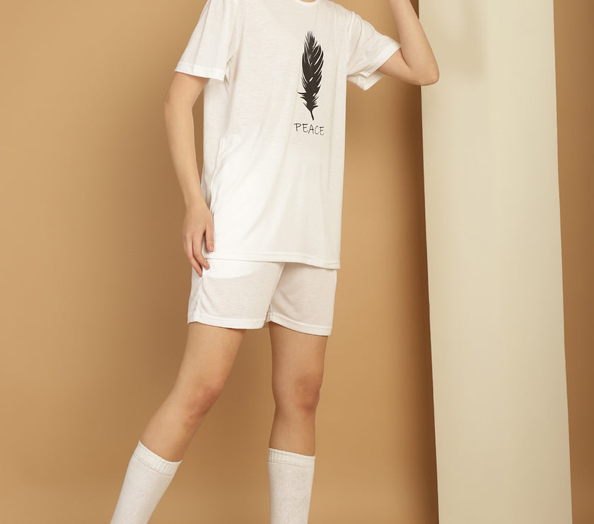 Mack Jonney Printed  White Round Neck Cotton  Half sleeves Co-ord set Tracksuit For Women