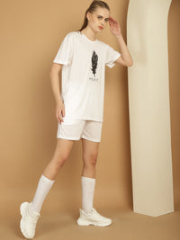 Mack Jonney Printed  White Round Neck Cotton  Half sleeves Co-ord set Tracksuit For Women