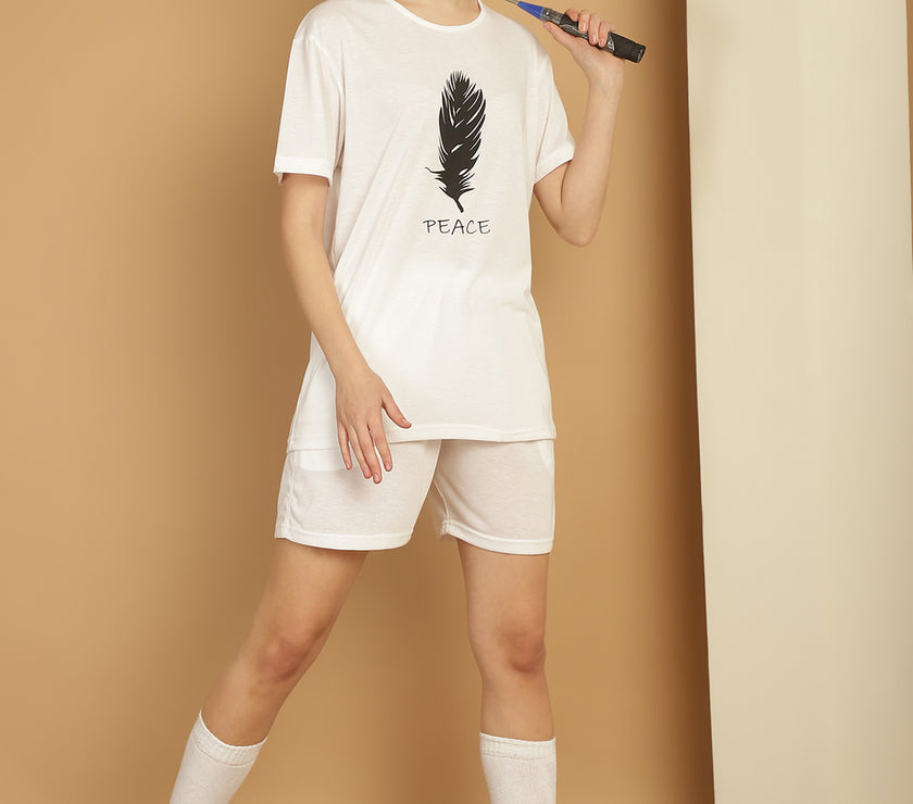 Mack Jonney Printed  White Round Neck Cotton  Half sleeves Co-ord set Tracksuit For Women