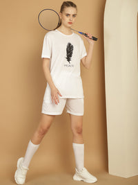 Mack Jonney Printed  White Round Neck Cotton  Half sleeves Co-ord set Tracksuit For Women