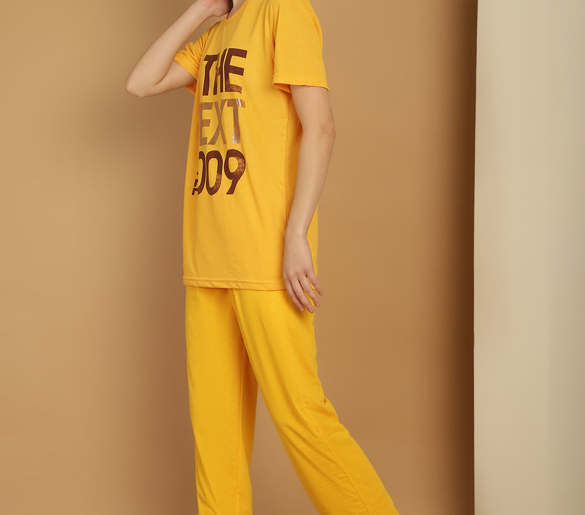 Mack Jonney Yellow Cotton Printed Co-ord Set Tracksuit For Women